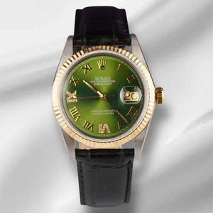 Rolex Datejust 36mm YellowGold Fluted Green Roman Diamond Dial LeatherBand Watch - Picture 1 of 11