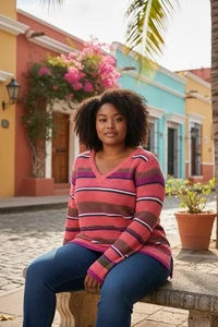 Belle Boho by Kim Gravel Damen Gr. LG Large Koralle Pfirsich Tunika Pullover A652498 - Bild 1 von 10