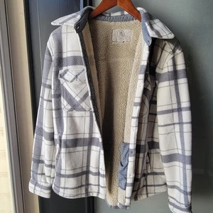 Sage Women S/CH Plaid Super Plush Sherpa Lined Fleece Shirt Jacket White Gray - Picture 1 of 13