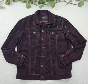 Robins Jean Jacket Purple Denim Studded Size XL Angel Wings Motorcycle - Picture 1 of 13