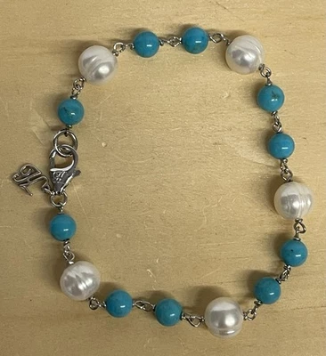 Brazalete Honora de plata esterlina con perlas cultivadas y eslabones turquesa 7" firmado Foto 1 de 2