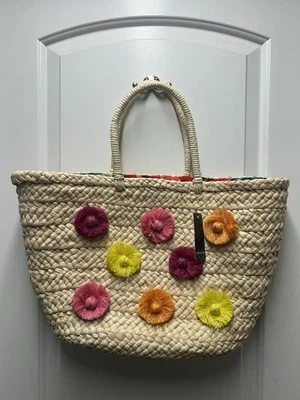 Bolso de Playa Massini Paja Multicolor Pom Pom Verano - Nuevo con Etiquetas Foto 1 de 4