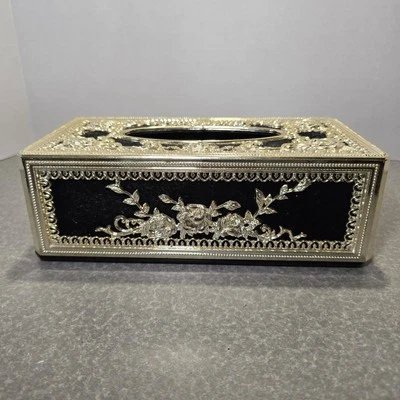 VTG Black & Sliver Tone Victorian Floral Velvet Hollywood Regency Tissue Box  - Image 1 of 4