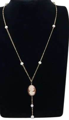 Collar Lariat Colgante Camafeo Perla Cultivada Oro Amarillo Rojizo Sólido 14K " Foto 1 de 4