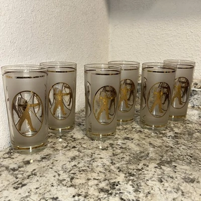 Rare Retro Libbey Glass Indian Warrior With Bow and Arrow MCM Set Of 6 Gold - Image 1 of 4