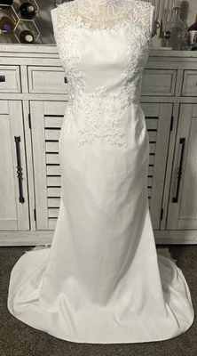 Evelyn Bridal White Sparkle Beaded Lace Sleeveless Sheath Wedding Dress Train - Image 1 of 4