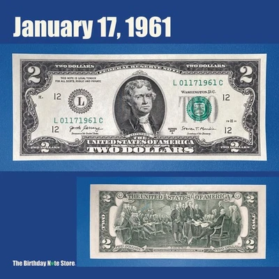 January 17, 1961 Birthday Anniversary $2 Two Dollar Bill Serial Number 01171961 - Image 1 of 2