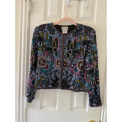 Chaqueta de cóctel vintage Stenay años 80, lentejuelas, chaqueta con cuentas, crop colorido, bolero Foto 1 de 4