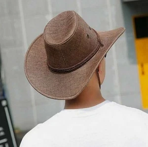 Mens Summer Bucket Cap Cowboy Fedora Hat Wide Brim Linen Straw Mesh Outdoor Hats - Picture 1 of 20