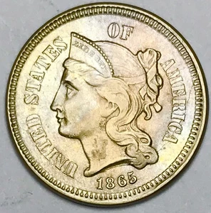 1865 3 CENT NICKEL! FLAWLESS SUPERB GEM BU+++LIGHT RAINBOW! CLEAN CHEEK NR#63721 - Picture 1 of 3