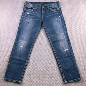 Silver Jeans Aiko Mid Straight Womens 30x27 Distressed Medium Wash Embroidered - Picture 1 of 15