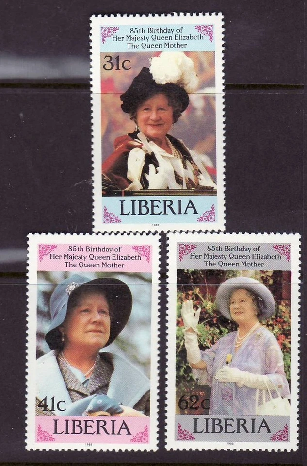Liberia # 1037-39 MNH Completo Reina Madre 85º Día Foto 1 de 1
