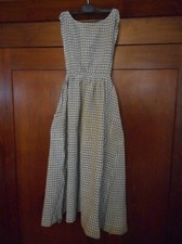 Antique Primitive Farmhouse Blue Homespun Plaid Cotton Fabric Pinafore Apron ~