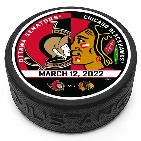 OTTAWA SENATORS vs CHICAGO BLACKHAWKS TEXTURED MATCHUP HOCKEY PUCK MAR.12/2022 Cover