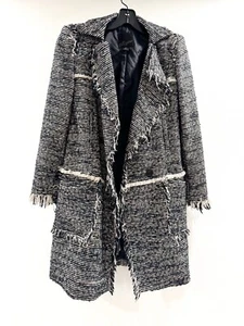 MCGINN Coat Jacket Womens 2 Black Boucle Tweed Fringe Dressy Double Breasted - Picture 1 of 6