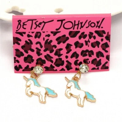 Betsey Johnson Unicorn Blue Mane Rose Gold Stud Dangle Earrings Free Gift Bag - Image 1 of 2