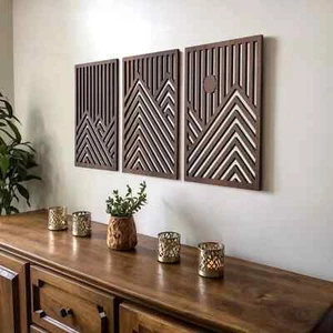 QMMP Modern Mountain and Sun Wall Sculptures Set of 3 Walnut Home Decor Art - Picture 1 of 6