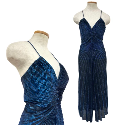 Vintage 1980s Riccardo Metallic Lame Blue Sheer Gathered Pleated Evening Dress - Image 1 of 4