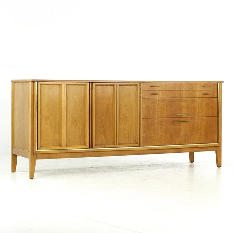 West Michigan Mid Century Walnut Cane and Brass Furniture Lowboy with Mirror Cover
