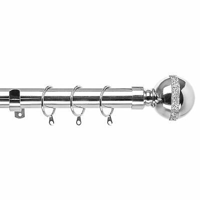 Metal Curtain Pole Set Chrome Extendable Thick 28mm Diamante Finials And Rings • 7.14£