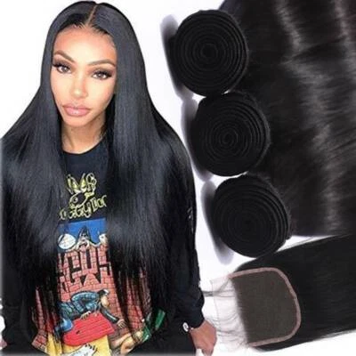 100%处女人类头发编织秘鲁3捆带4*4花边闭合Thcik丝绸 — 第 1/4 张图片