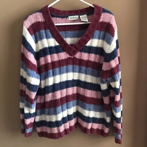 White Stag Womens Sweater L Large 12 14 Striped V-Neck Pullover Pink Blue white - Picture 1 of 4