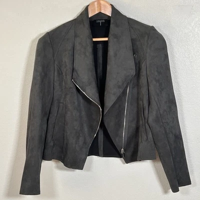 Chaqueta de moto Tahari T imitación gamuza para mujer gris cuello cascada cremallera talla XS Foto 1 de 4