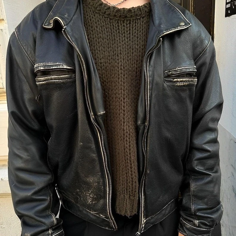 Chaqueta de cuero de cordero envejecida hecha a mano para hombre Abrigo de motociclista vintage Foto 1 de 4