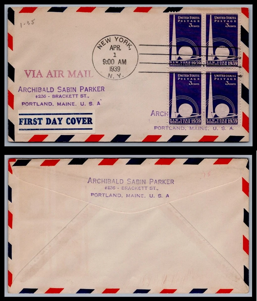 US FDC # 853 3c New Vork Fair unknown block  1939, 9Q372 - Image 1 of 1