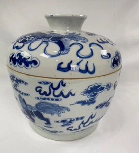 Large Chinese Antique Blue and White Jar Bowl with Lid Mid Qing 19th C. - Picture 1 of 24