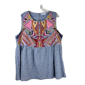 Entro Polka Dot Aztec Embroidered Sleeveless Peplum Blouse Top Woman’s Size XL - Picture 1 of 6