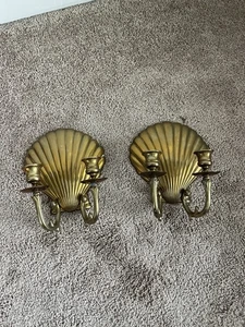 Mid Century Regency Brass Shell Double Candle Holder Wall Sconces MCM RARE - Picture 1 of 8