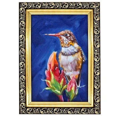 Pintura al óleo original colibrí 4x6 arte floral enmarcado pájaro colorido Foto 1 de 4