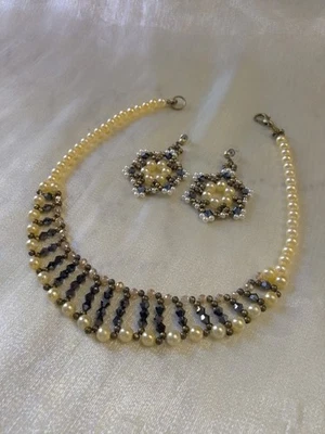 Collana Artigianale  Vittoriano Orecchini Elegante Perle Blu/Dorato Cerimonia  - Immagine 1 di 4