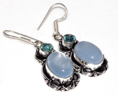 Pendientes Trending Topacio Azul Calcedonia Púrpura Chapados en Plata 925 1.8" GW Foto 1 de 3
