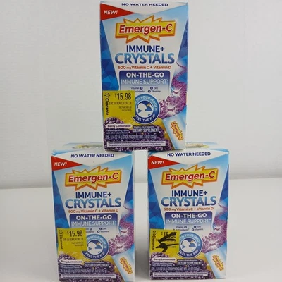 Paquete de 3 cristales de apoyo inmunológico Emergen-C 500 mg vitamina C 28 barras limonada de bayas Foto 1 de 4