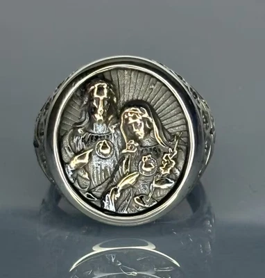 Anel de coração sagrado feito à mão de prata esterlina: joias religiosas de Jesus e Maria - Imagem 1 de 4