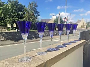 More details for quality set of 6 ajka castille lead crystal blue cut glass champagne flutes wine