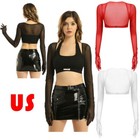 Women Mesh Sheer Crop Top Open Front Long Sleeve Gloves Tops Sun Protection US