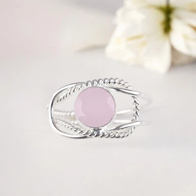 Anel designer feito à mão de prata esterlina 925 com pedra preciosa natural calcedônia rosa - Imagem 1 de 2