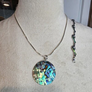 2pc Teal Abalone Shell Sterling Silver Necklace & Dolphin Abalone Bracelet Set - Picture 1 of 9