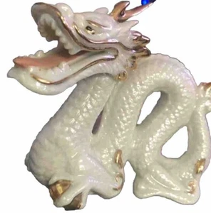 Vintage Yoshimi K Dragon Sea Serpent Figurine Iridescent White & Gold Signed - Picture 1 of 16