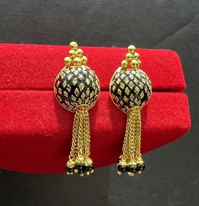 22K Yellow Gold Dangle Screw Back Earrings With Black Enamel - Picture 1 of 23