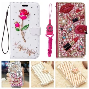 Custodia telefono portafoglio donna pelle magnetica slot per schede Bling flip cordini #B - Foto 1 di 17