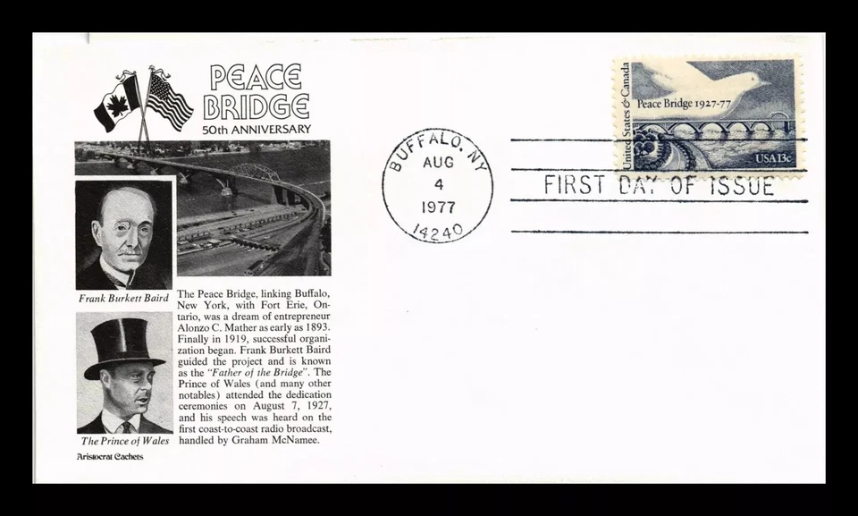 PEACE BRIDGE CANADA & USA BUFFALO NEW YORK  1977 SCARCE ARISTOCRAT CACHET FDC UN - Image 1 of 1