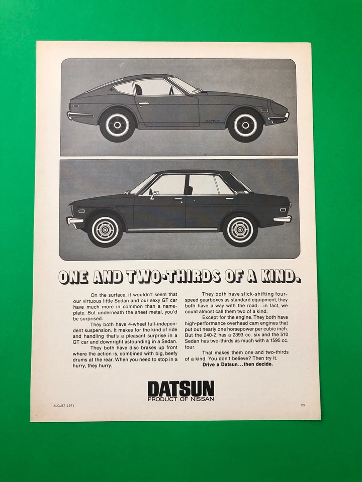 1971 DATSUN 240Z 240 Z 510 VINTAGE ORIGINAL PRINT AD ADVERTISEMENT PRINTED - Image 1 of 1