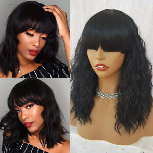 Short Curly Wavy Bob Synthetic No Lace Wigs Full Bangs Black Hair Heat Resistant