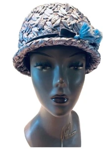 60's Baby blue cellophane straw cloche with a tassel hatband Size 22 - Picture 1 of 3