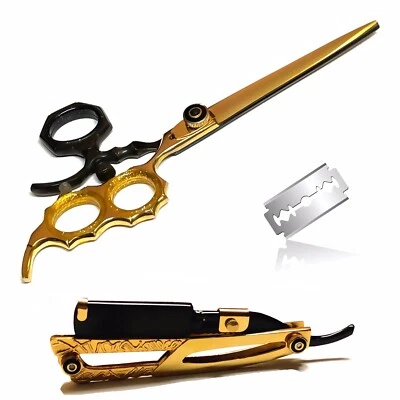 Barbershop Beauty Salon All Hair Type Sharp Shears/Scissors & Shaving Razor Gold - Image 1 of 4