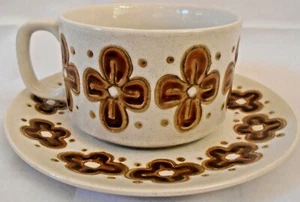 Vintage Retro 70s Look Coffee Mug Saucer Set Stoneware Made In Japan Cream - Picture 1 of 12